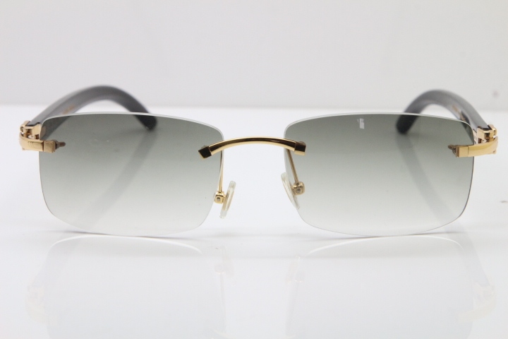 Cartier Rimless 8200757 Original Black Buffalo Horn Sunglasses In Gold Light Green Lnes