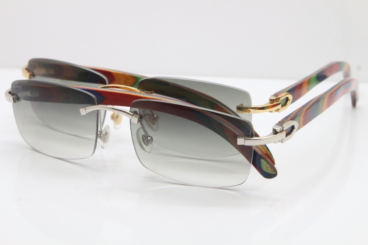 Cartier Rimless 8200757 SunGlasses Original Peacock Wood Sunglasses in Gold Light Green Lens