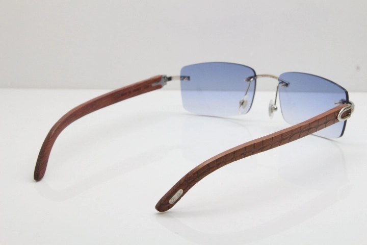 Cartier Rimless 8200757 SunGlasses Original Carved Wood Sunglasses in Gold Blue Lens