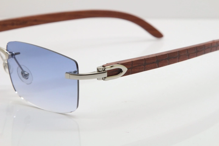 Cartier Rimless 8200757 SunGlasses Original Carved Wood Sunglasses in Gold Blue Lens