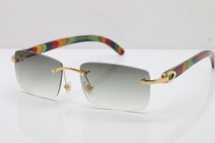 Cartier Rimless 8200757 SunGlasses Original Peacock Wood Sunglasses in Gold Light Green Lens