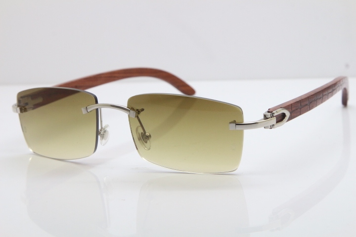 New Cartier Rimless 8200757 SunGlasses Original Carved Wood Sunglasses in Gold Brown Lens