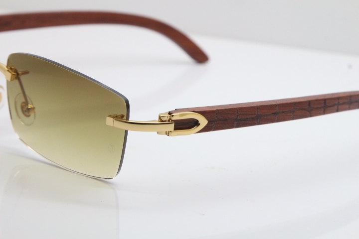 New Cartier Rimless 8200757 SunGlasses Original Carved Wood Sunglasses in Gold Brown Lens