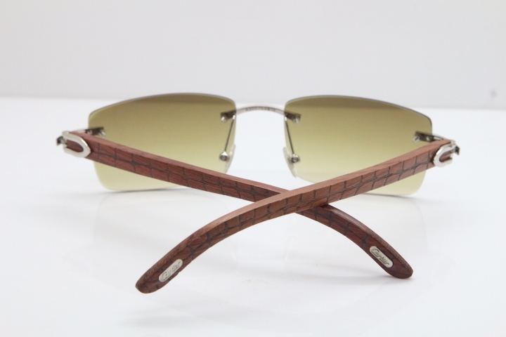 New Cartier Rimless 8200757 SunGlasses Original Carved Wood Sunglasses in Gold Brown Lens