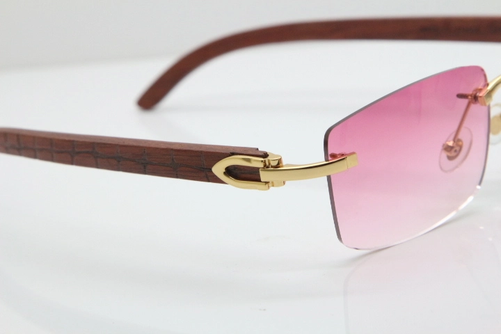 Cartier Rimless 8200757 SunGlasses Original Carved Wood Sunglasses in Gold Pink Lens