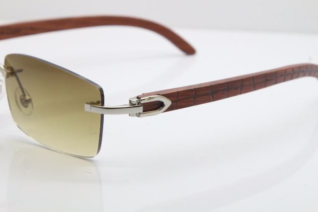 New Cartier Rimless 8200757 SunGlasses Original Carved Wood Sunglasses in Gold Brown Lens