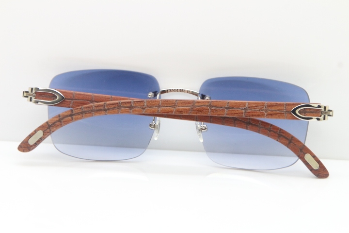 Cartier Rimless Original Carved Wood T8300816 Sunglasses in Gold Blue Lens Hot