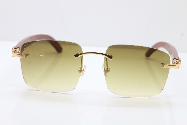 Cartier Rimless Original Carved Wood T8300816 Sunglasses in Gold Brown Lens Hot