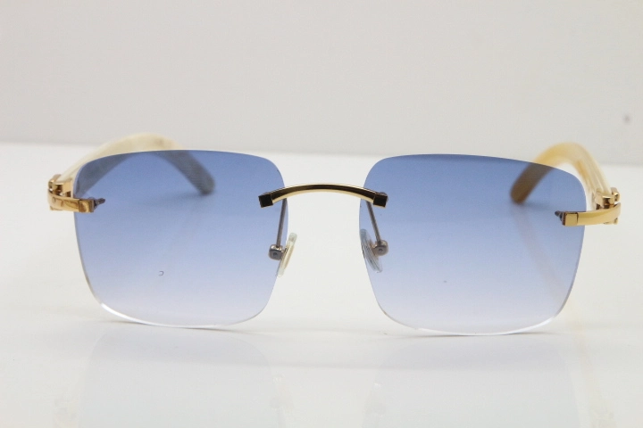 Cartier Rimless Original White Genuine Natural Horn T8300816 Sunglasses in Gold Blue Lens Hot