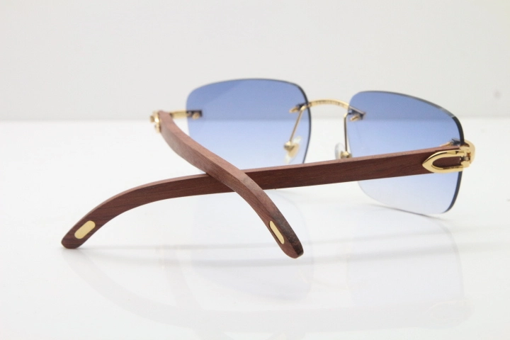 Cartier Rimless Original Wood T8300816 Sunglasses in Gold Blue Lens Hot