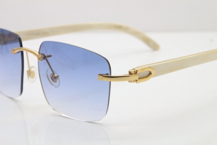 Cartier Rimless Original White Genuine Natural Horn T8300816 Sunglasses in Gold Blue Lens Hot