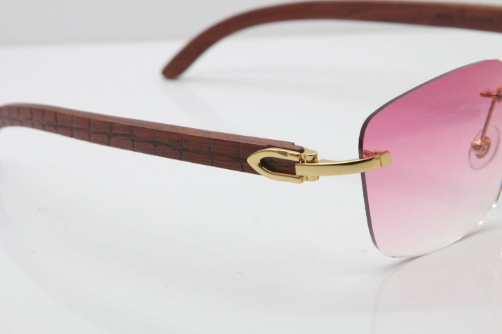 Cartier Rimless Original Carved Wood T8300816 Sunglasses in Gold Pink Lens Hot