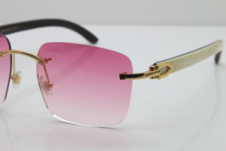 Cartier Rimless Original White Inside Black Buffalo Horn T8300816 Sunglasses in Gold Pink Lens Hot