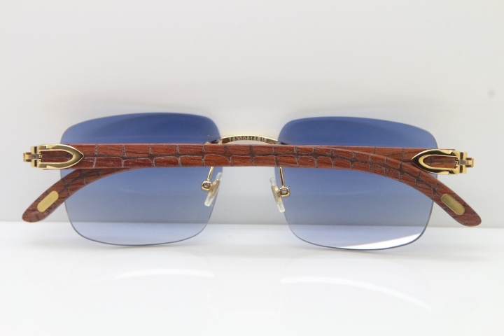 Cartier Rimless Original Carved Wood T8300816 Sunglasses in Gold Blue Lens Hot