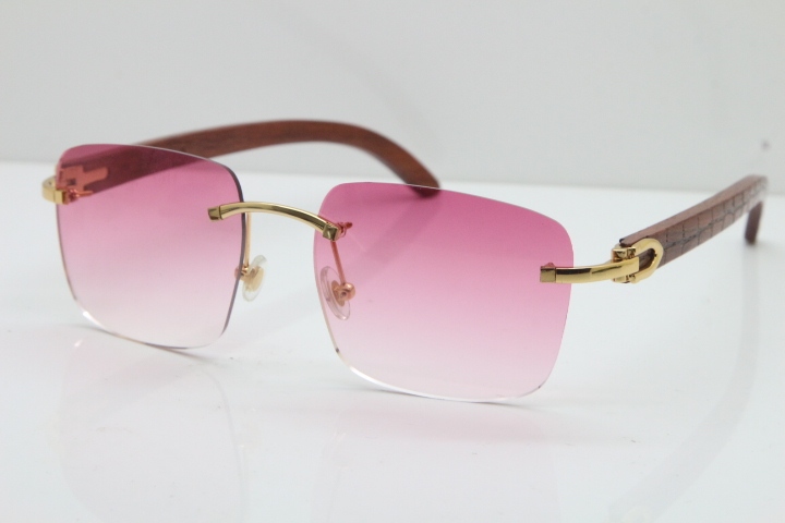 Cartier Rimless Original Carved Wood T8300816 Sunglasses in Gold Pink Lens Hot