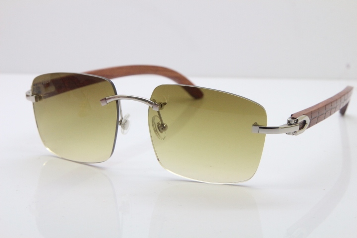 Cartier Rimless Original Carved Wood T8300816 Sunglasses in Gold Brown Lens Hot