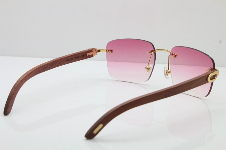 Cartier Rimless Original Wood T8300816 Sunglasses in Gold Pink Lens Hot