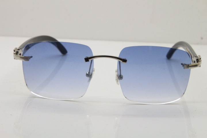 Cartier Rimless Original White Inside Black Buffalo Horn T8300816 Sunglasses in Gold Blue Lens Hot