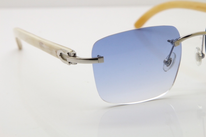 Cartier Rimless Original White Genuine Natural Horn T8300816 Sunglasses in Gold Blue Lens Hot