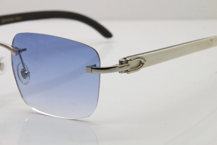 Cartier Rimless Original White Inside Black Buffalo Horn T8300816 Sunglasses in Gold Blue Lens Hot