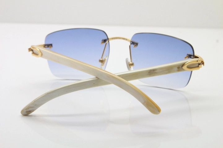 Cartier Rimless Original White Genuine Natural Horn T8300816 Sunglasses in Gold Blue Lens Hot