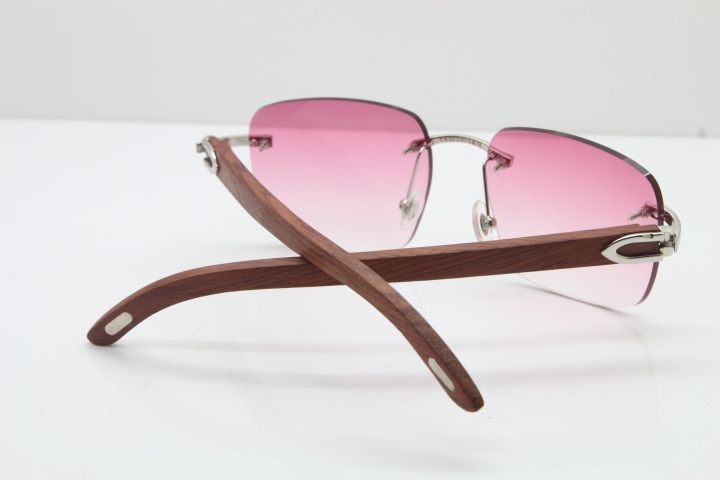 Cartier Rimless Original Wood T8300816 Sunglasses in Gold Pink Lens Hot