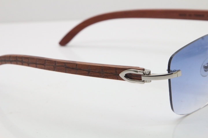 Cartier Rimless Original Carved Wood T8300816 Sunglasses in Gold Blue Lens Hot