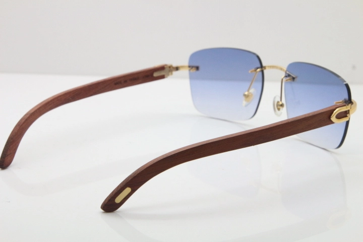 Cartier Rimless Original Wood T8300816 Sunglasses in Gold Blue Lens Hot