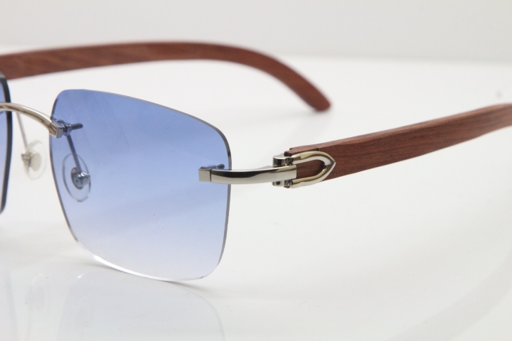 Cartier Rimless Original Wood T8300816 Sunglasses in Gold Blue Lens Hot