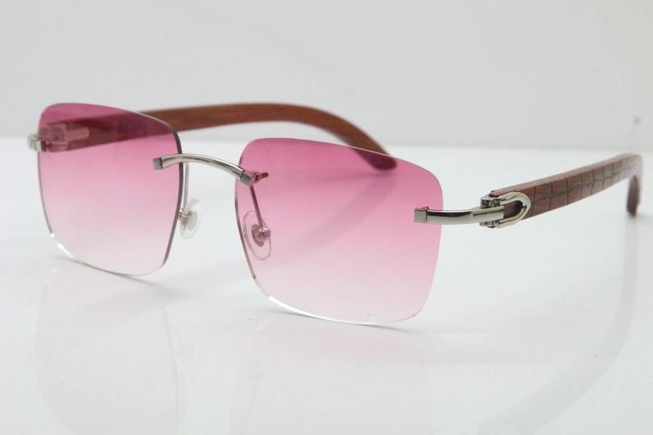 Cartier Rimless Original Carved Wood T8300816 Sunglasses in Gold Pink Lens Hot