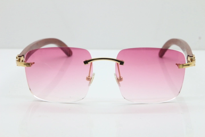 Cartier Rimless Original Carved Wood T8300816 Sunglasses in Gold Pink Lens Hot