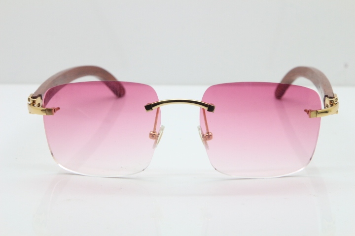 Cartier Rimless Original Carved Wood T8300816 Sunglasses in Gold Pink Lens Hot