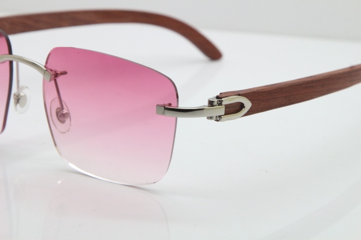 Cartier Rimless Original Wood T8300816 Sunglasses in Gold Pink Lens Hot