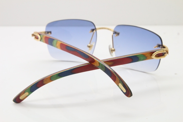 Cartier Rimless Original Peacock Wood T8300816 Sunglasses in Gold Blue Lens Ho