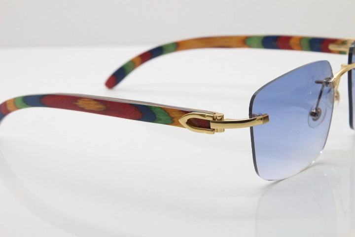 Cartier Rimless Original Peacock Wood T8300816 Sunglasses in Gold Blue Lens Ho