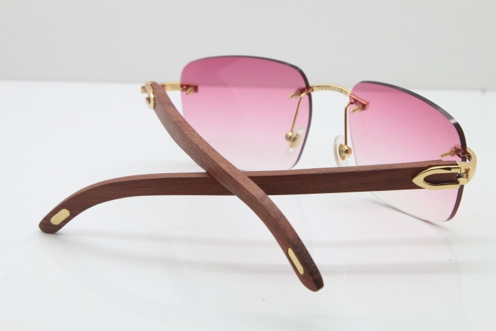 Cartier Rimless Original Wood T8300816 Sunglasses in Gold Pink Lens Hot