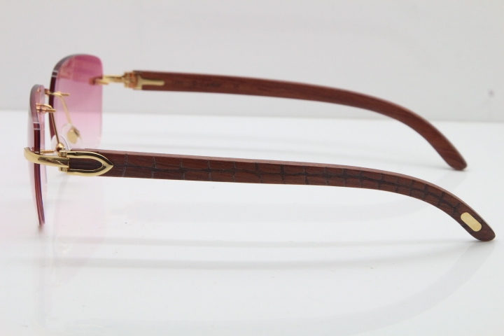 Cartier Rimless Original Carved Wood T8300816 Sunglasses in Gold Pink Lens Hot