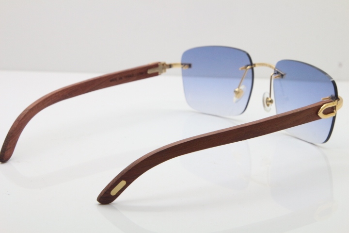 Cartier Rimless Original Wood T8300816 Sunglasses in Gold Blue Lens Hot