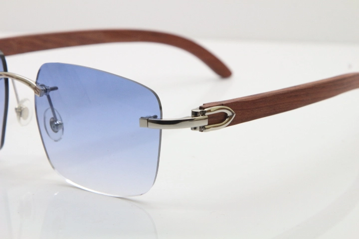 Cartier Rimless Original Wood T8300816 Sunglasses in Gold Blue Lens Hot