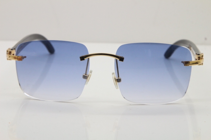 Cartier Rimless Original White Inside Black Buffalo Horn T8300816 Sunglasses in Gold Blue Lens Hot