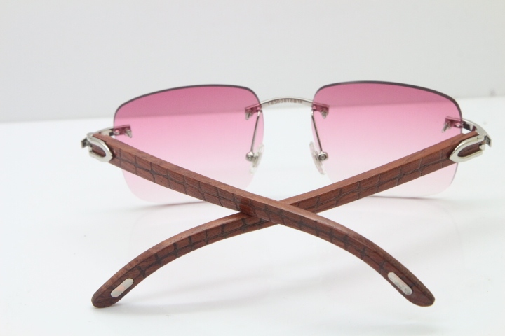 Cartier Rimless Original Carved Wood T8300816 Sunglasses in Gold Pink Lens Hot