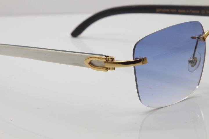 Cartier Rimless Original White Inside Black Buffalo Horn T8300816 Sunglasses in Gold Blue Lens Hot