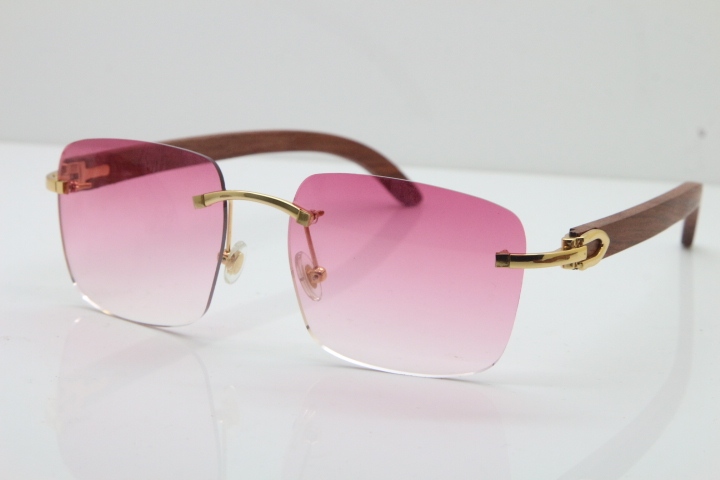 Cartier Rimless Original Wood T8300816 Sunglasses in Gold Pink Lens Hot