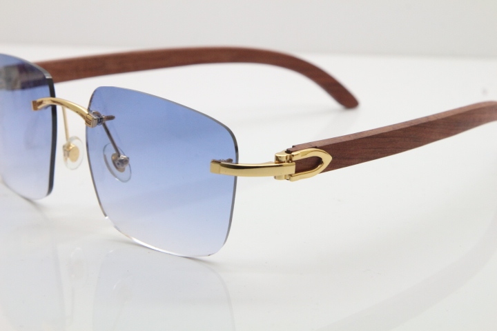 Cartier Rimless Original Wood T8300816 Sunglasses in Gold Blue Lens Hot