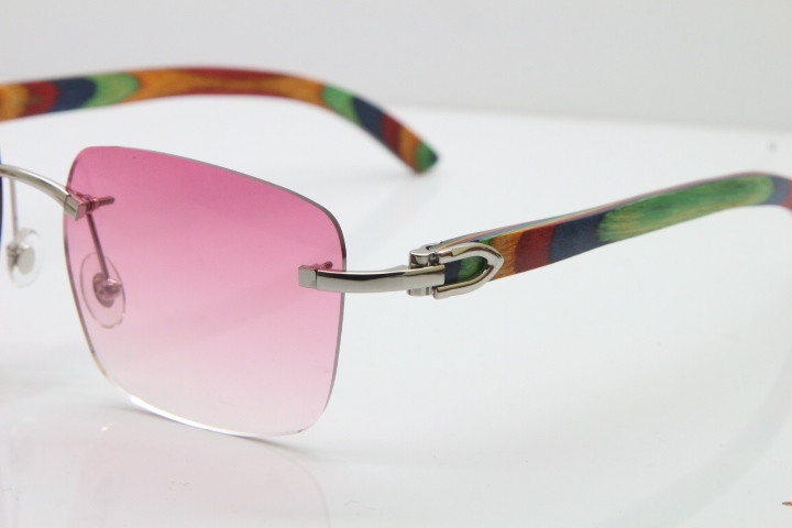 Cartier Rimless Original Peacock Wood T8300816 Sunglasses in Gold Pink Lens Hot