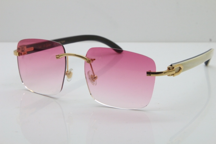 Cartier Rimless Original White Inside Black Buffalo Horn T8300816 Sunglasses in Gold Pink Lens Hot