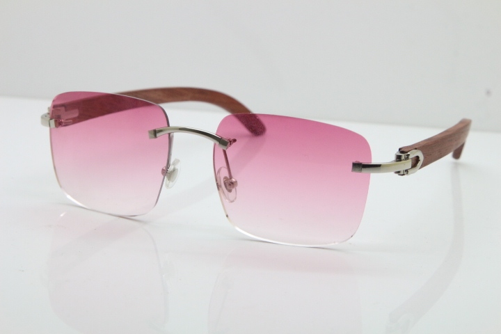 Cartier Rimless Original Wood T8300816 Sunglasses in Gold Pink Lens Hot