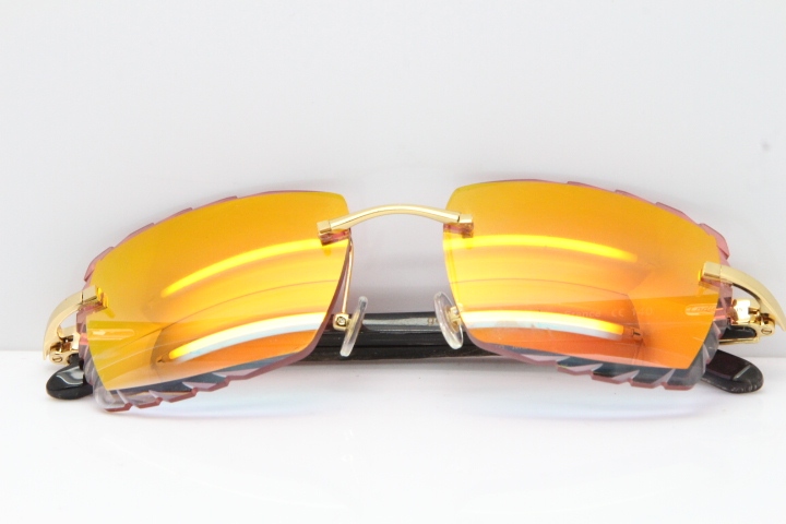 Cartier Rimless Original Black Flower Buffalo Horn 8300816 Sunglasses In Gold Red Mirror Carved Lens