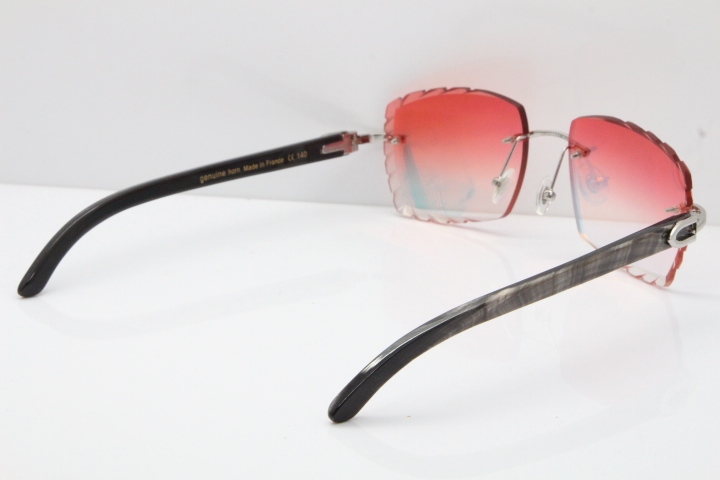 Cartier Rimless Original Black Flower Buffalo Horn 8300816 Sunglasses In Gold Red Mirror Carved Lens