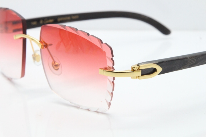 Cartier Rimless Original Black Flower Buffalo Horn 8300816 Buffs Sunglasses In Gold Red Carved Lens